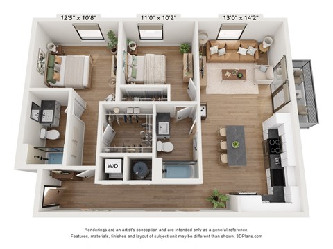 Floor plan for 2 beds, 2 baths, 1093 sqft